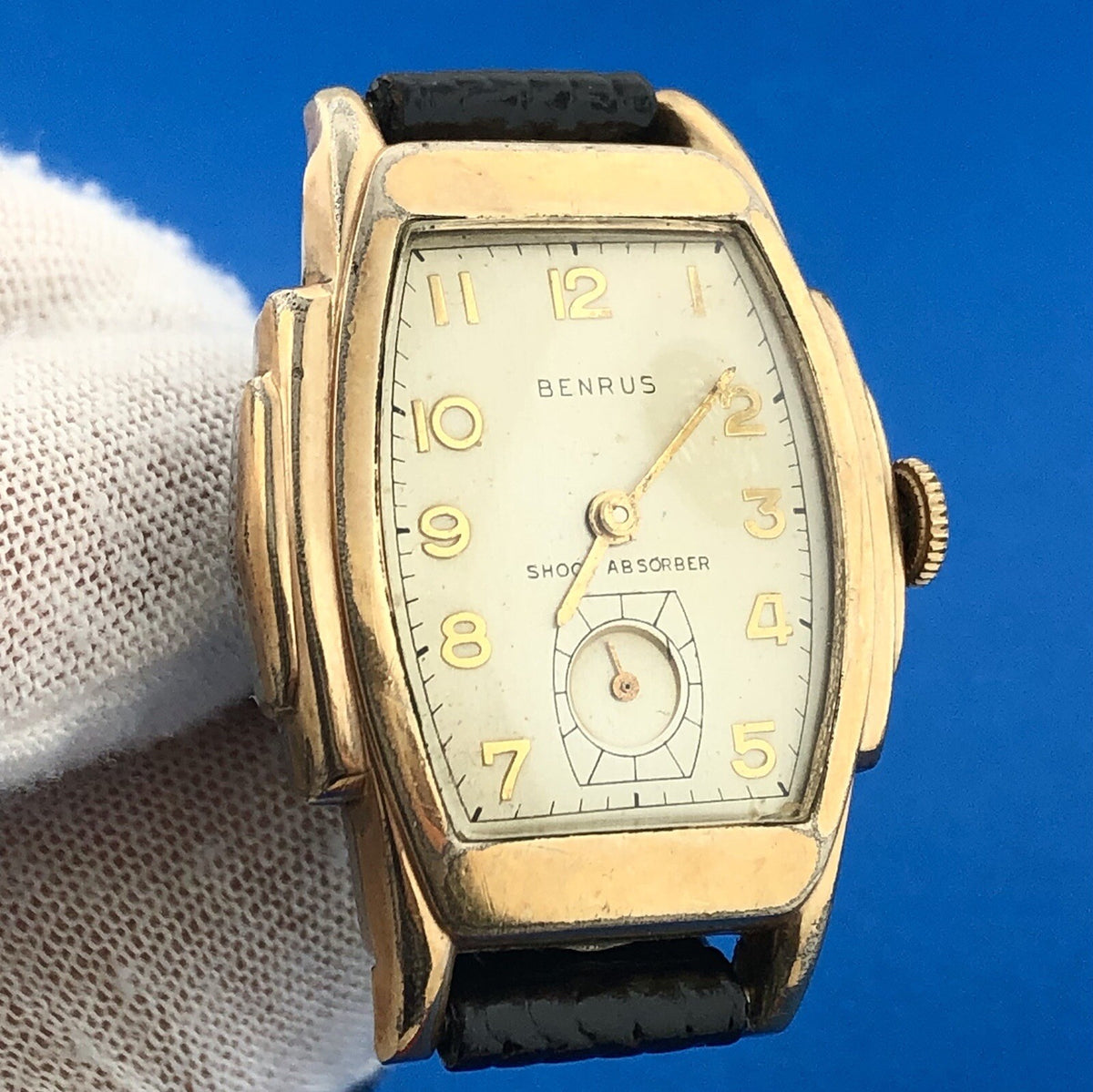 Mid Century Benrus Shock Absorber Model BB3 Gold Filled Step Bezel Tank Watch