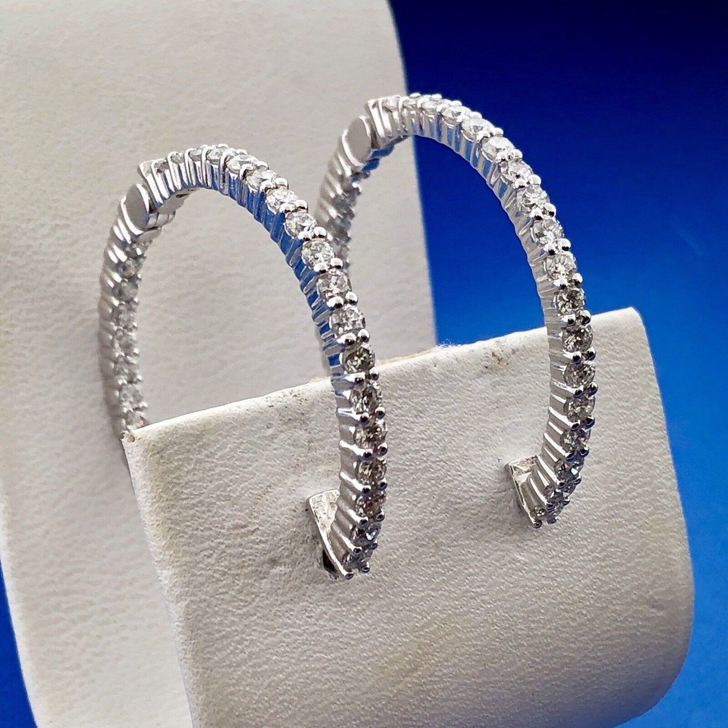 14K White Gold Natural Round Diamond Inside Outside Hoop Earrings