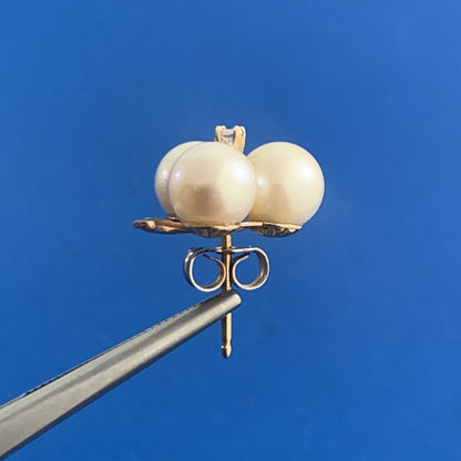 Vintage 14K Yellow Gold Pearl Trio Grape Cluster Diamond Accented Stud Earrings