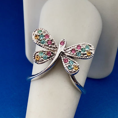 Modernistic Sterling Silver Pink Blue Yellow Cubic Zirconia CZ Butterfly Ring
