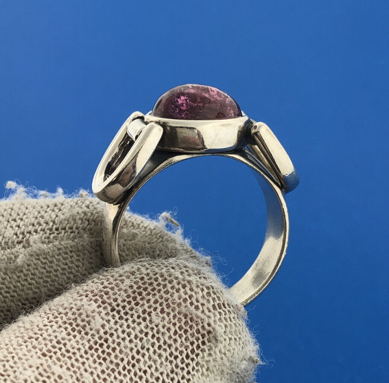 Estate Italy 925 Sterling Silver Amethyst Cabochon Belt Buckle Design Ring