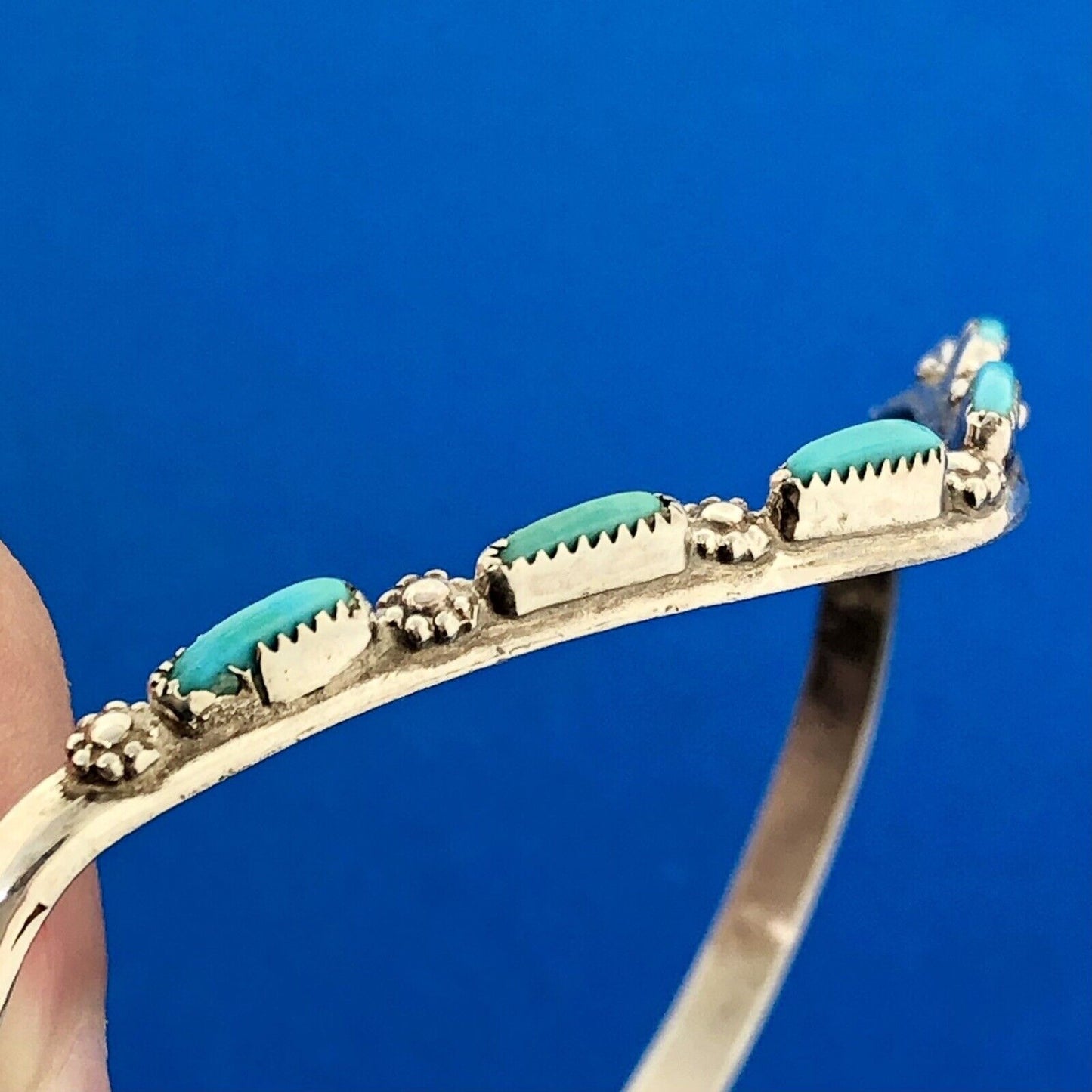 Native American Signed 925 Sterling Silver Turquoise Floral Dainty Cuff Bracelet