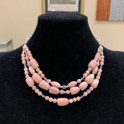 Designer BARSE 925 Sterling Silver Rhodochrosite Beaded Three Strand Necklace