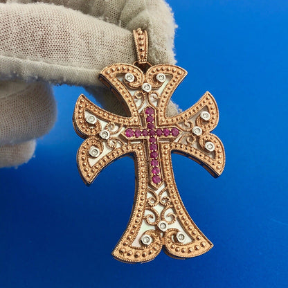 14k Yellow Gold Diamond Ruby Mother of Pearl Reversible Cross Enhancer Pendant
