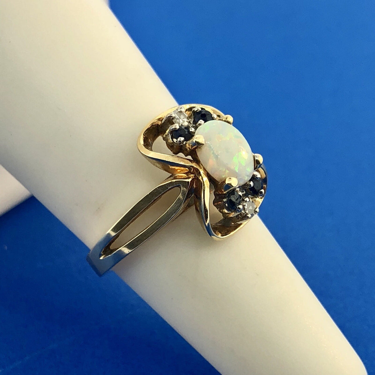 Retro 14K Yellow Gold Diamond Sapphire Opal Modernist Free Form Cocktail Ring