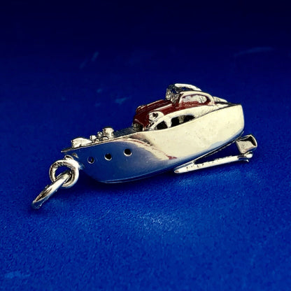 Vintage Designer WELLS 925 Sterling Silver 3D Red Enamel Speed Ski Boat Charm