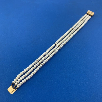 Designer 14K Yellow Gold Pearl June Anniversary Bridal 3 Strand Beaded Bracelet