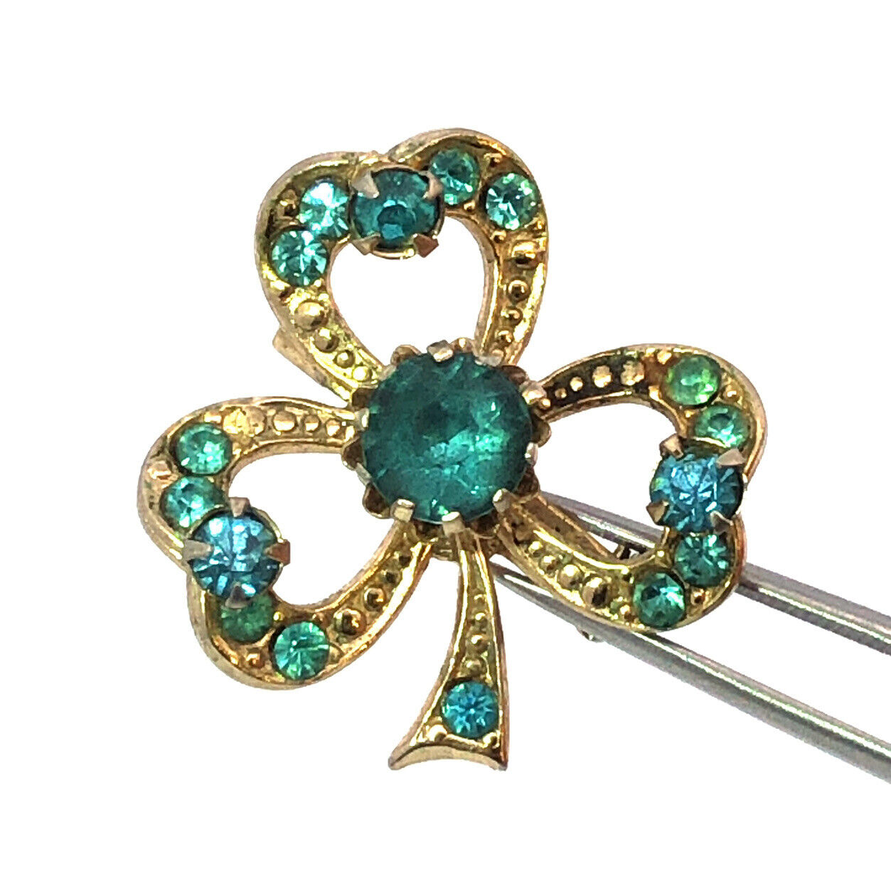 Mid Century CORO Gold Tone Aqua Rhinestone Good Luck 3 Leaf Clover Lapel Brooch