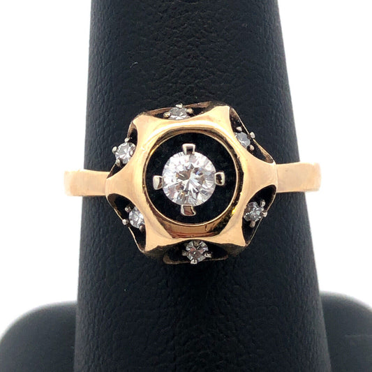 14K Yellow Gold Designer NW  Round Diamond Black Enamel Modernist Round Ring