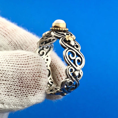 Stunning Sterling Silver 925 Mabe White Pearl Openwork Wavy Ring Size 9.25