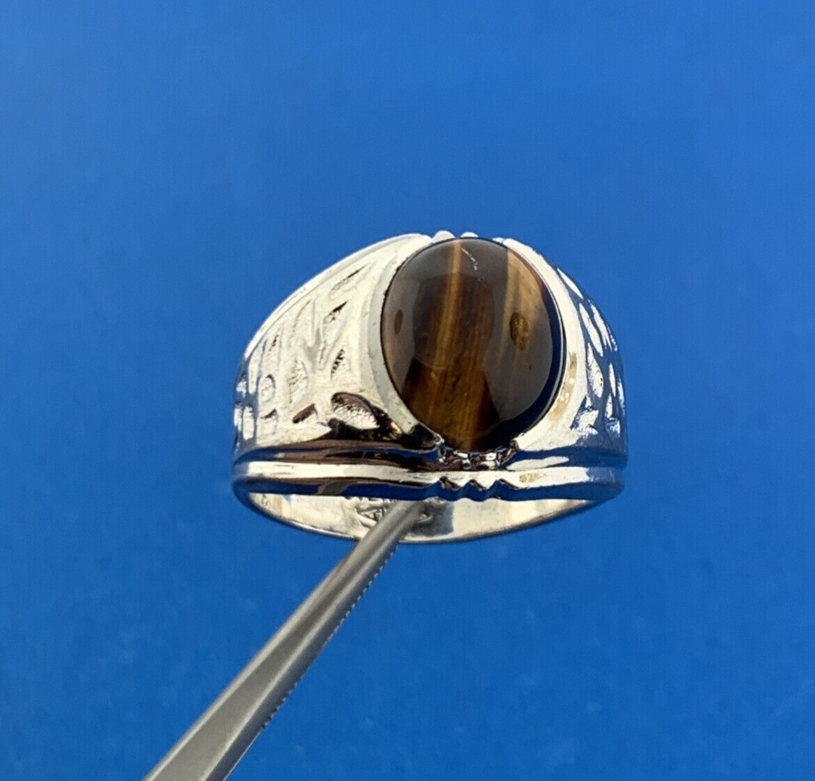 Vintage Designer 925 Sterling Silver Oval Tiger Eye Cabochon Unisex Dome Ring