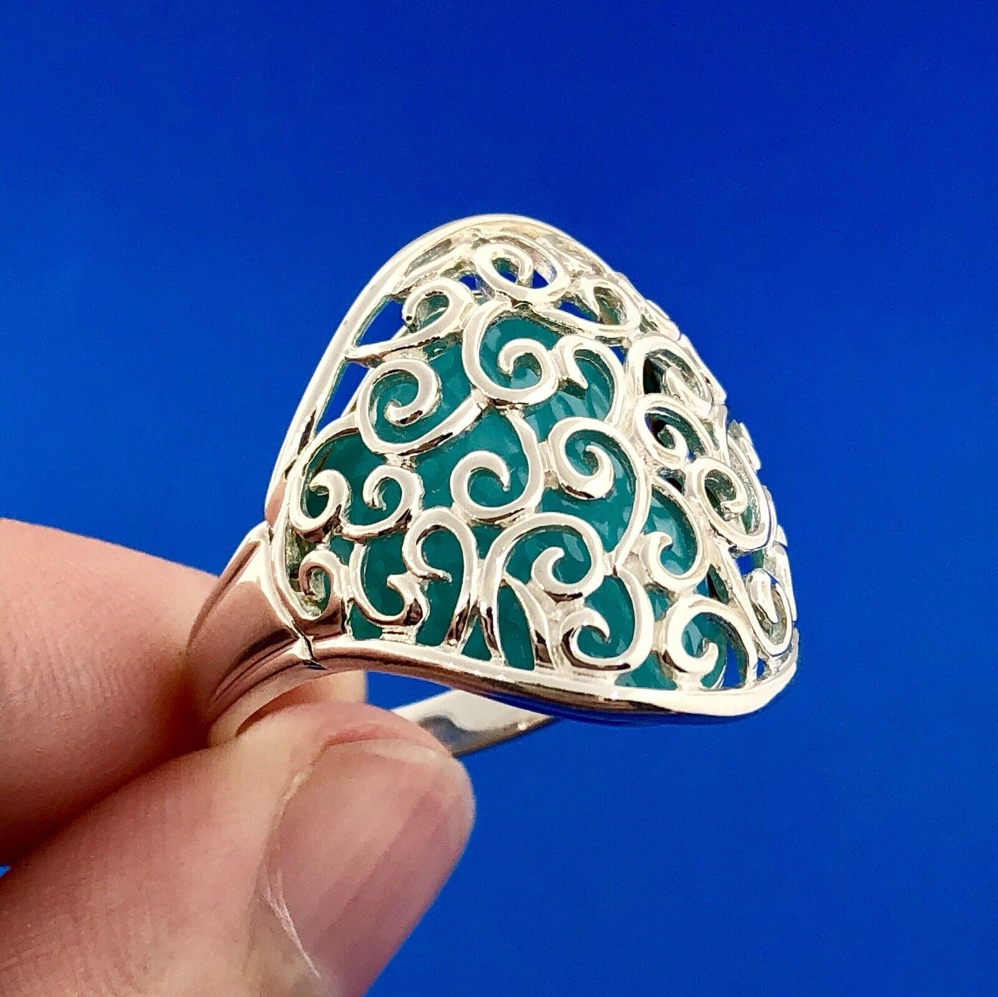 Designer 925 Sterling Silver Aqua Enamel Swirl Scroll Open Work Statement Ring