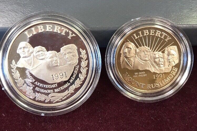 1991 S Mount Rushmore Anniversary 2 Coin 90% Silver Clad Proof Set OGP/COA