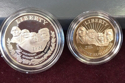 1991 S Mount Rushmore Anniversary 2 Coin 90% Silver Clad Proof Set OGP/COA