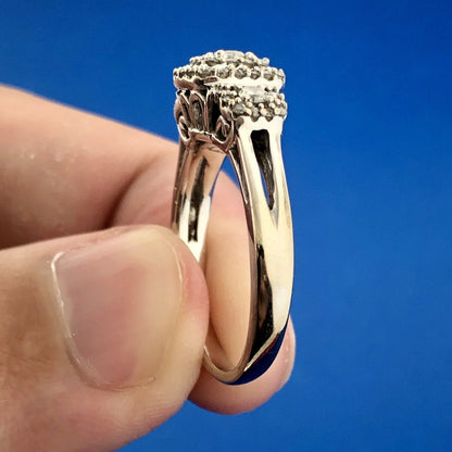 Estate 10K White Gold Diamond Double Halo Accents Engagement Anniversary Ring