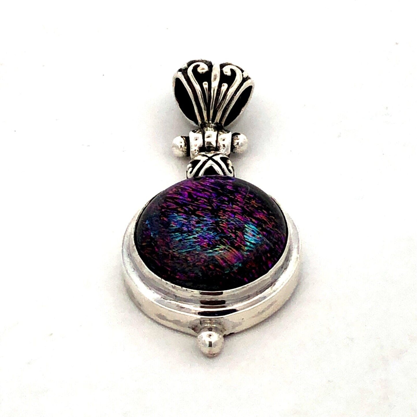 Vintage 925 Sterling Silver Round Purple Green Dichroic Glass Pendant