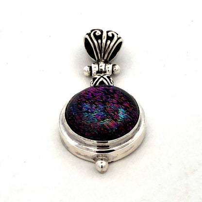 Vintage 925 Sterling Silver Round Purple Green Dichroic Glass Pendant