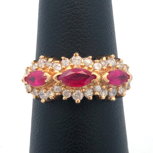 14K Yellow Gold Ruby Diamond Band Cluster July Anniversary Bridal Cocktail Ring