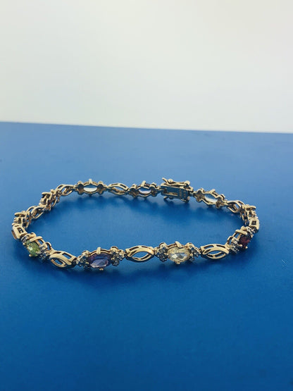 Sterling Silver 925 Vermeil Oval Multi-Gem Station Tennis Bracelet