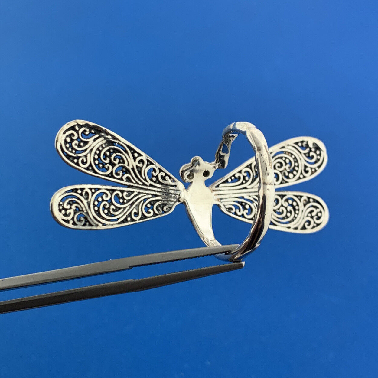 925 Sterling Silver Diamond Balinese Scroll Dragonfly Statement Ring