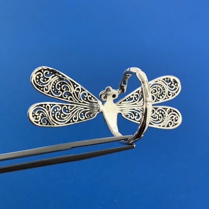 925 Sterling Silver Diamond Balinese Scroll Dragonfly Statement Ring