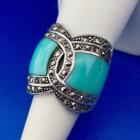 Designer Barse 925 Sterling Silver Turquoise Enamel Marcasite Statement Ring
