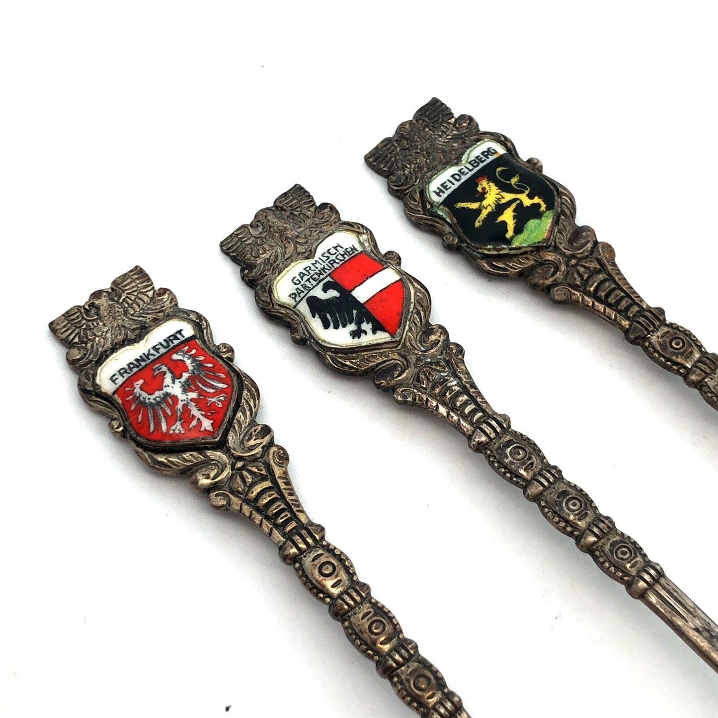 Antique 800 Silver Enamel German City Souvenir 6 Demitasse Spoons Original Box