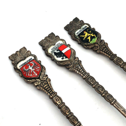 Antique 800 Silver Enamel German City Souvenir 6 Demitasse Spoons Original Box
