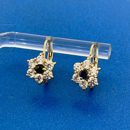 Designer Italy 14K Yellow Gold Sapphire Cubic Zirconia Floral Cluster Earrings