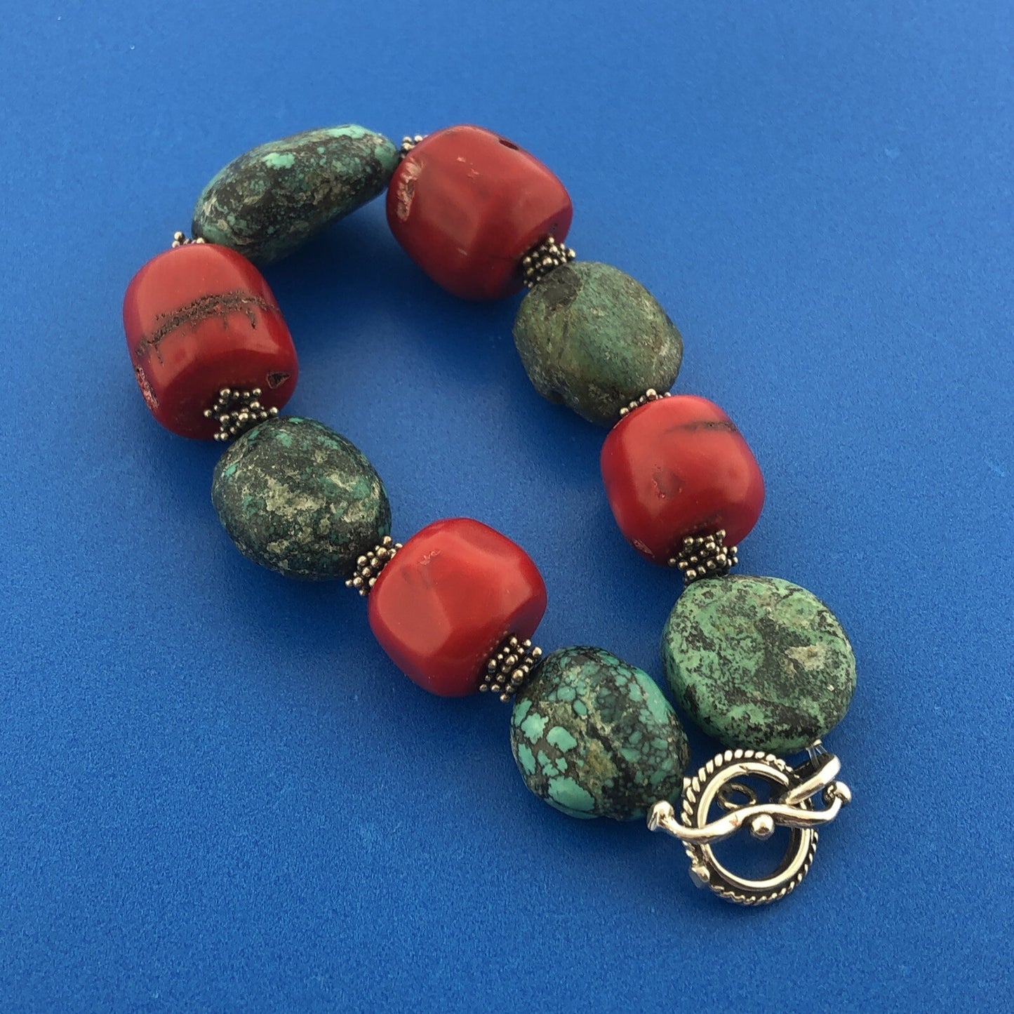 Sterling Silver 925 Chunky Coral Turquoise Bead Toggle Bracelet