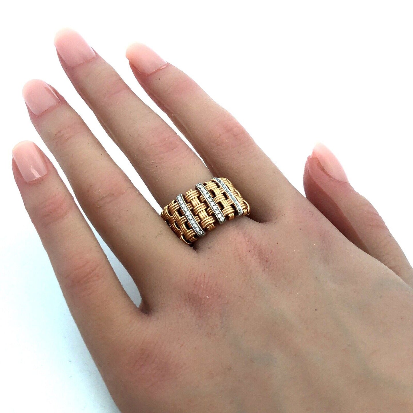 Roberto Coin 18K Yellow White Gold Appassionata Diamond Woven Band Ring