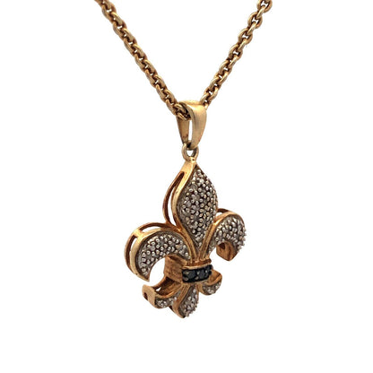 925 Sterling Silver Gold Vermeil Round Diamond Fleur De Lis Necklace