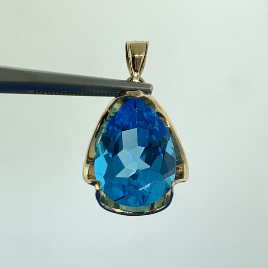 Designer 14K Yellow Gold Teal Sapphire Pear Solitaire Drop Pendant