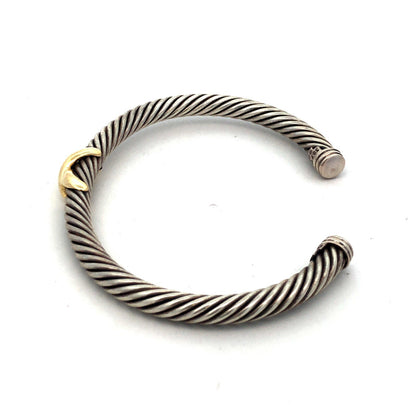 David Yurman 925 Sterling Silver 14K Gold Station Single X Cable Cuff Bracelet