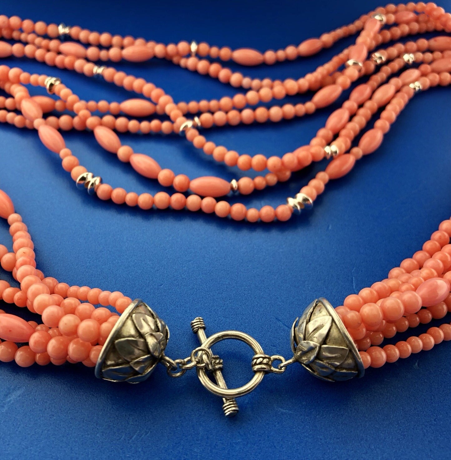 Fantastic Sterling Silver 925 Coral Silver Bead 7 Strand Statement Necklace