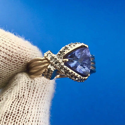 Custom 14k Yellow Gold Trillion Tanzanite Diamond X Ribbon Halo Size 7.25 Ring