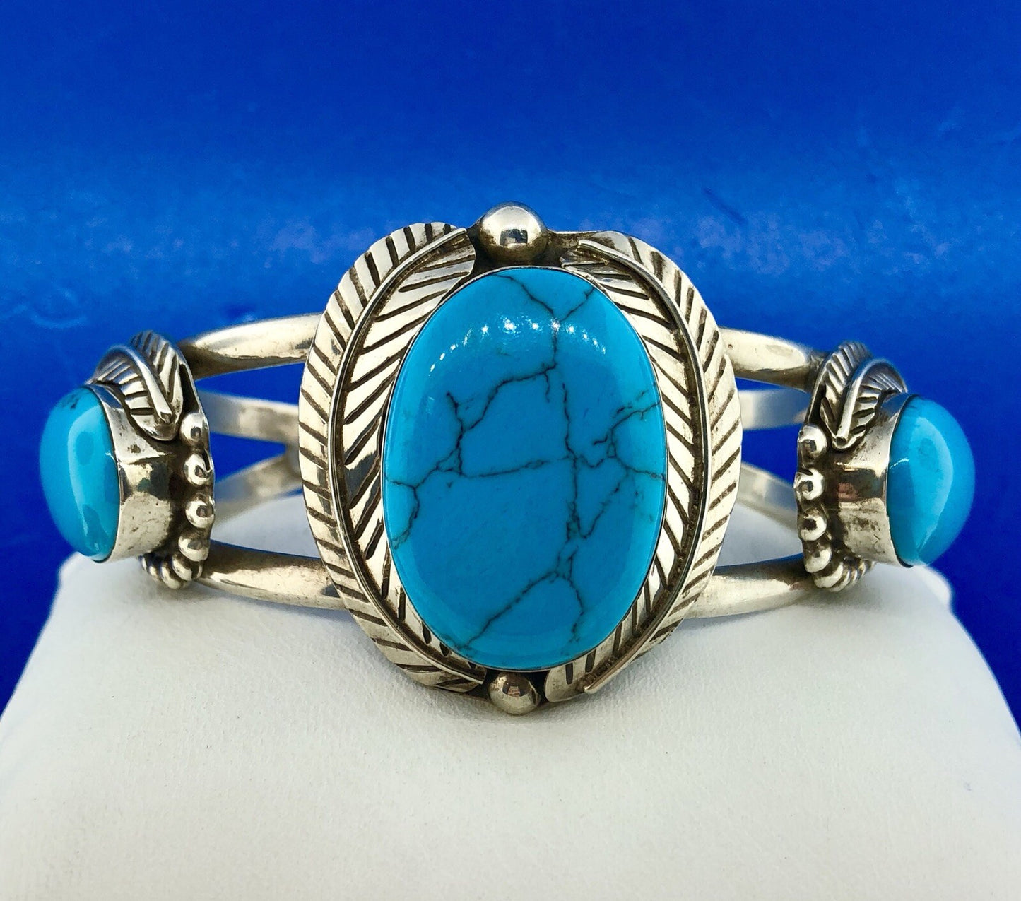 Vintage Taxco TC-216 Sterling Silver 925 Turquoise Trio Statement Cuff Bracelet