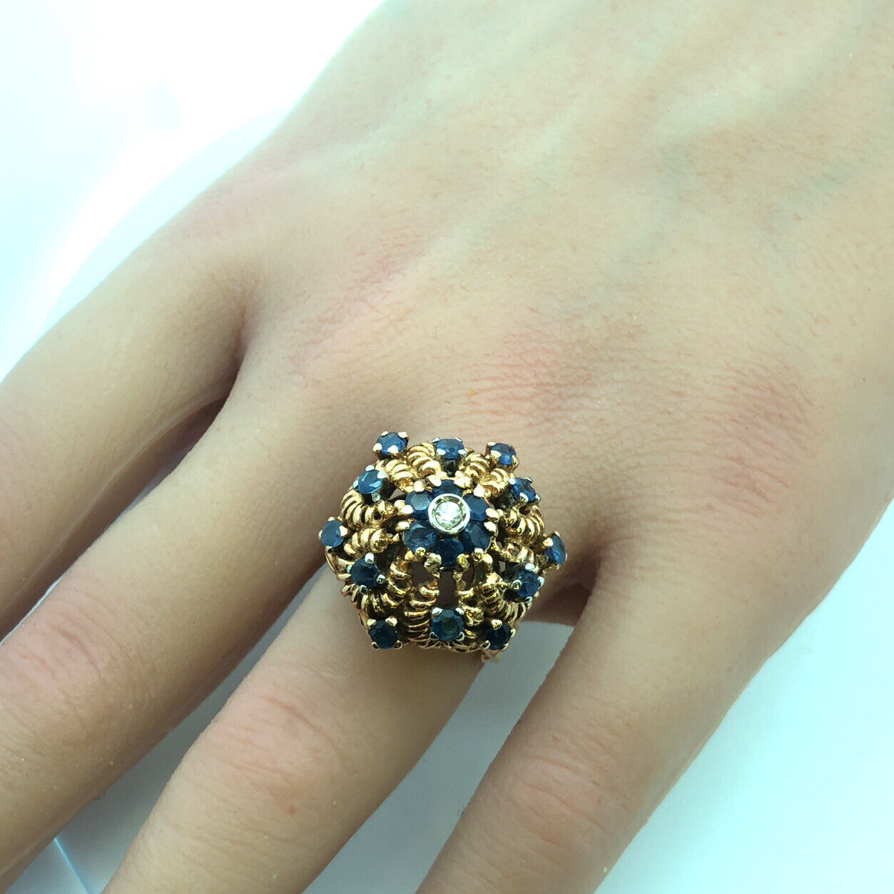 Vintage 18K Yellow Gold Sapphire Diamond Empire Tower Statement Cocktail Ring