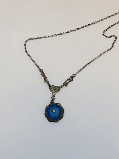 Art Nouveau Art Deco Sterling Silver Cobalt Glass Rhinestone Filigree Necklace