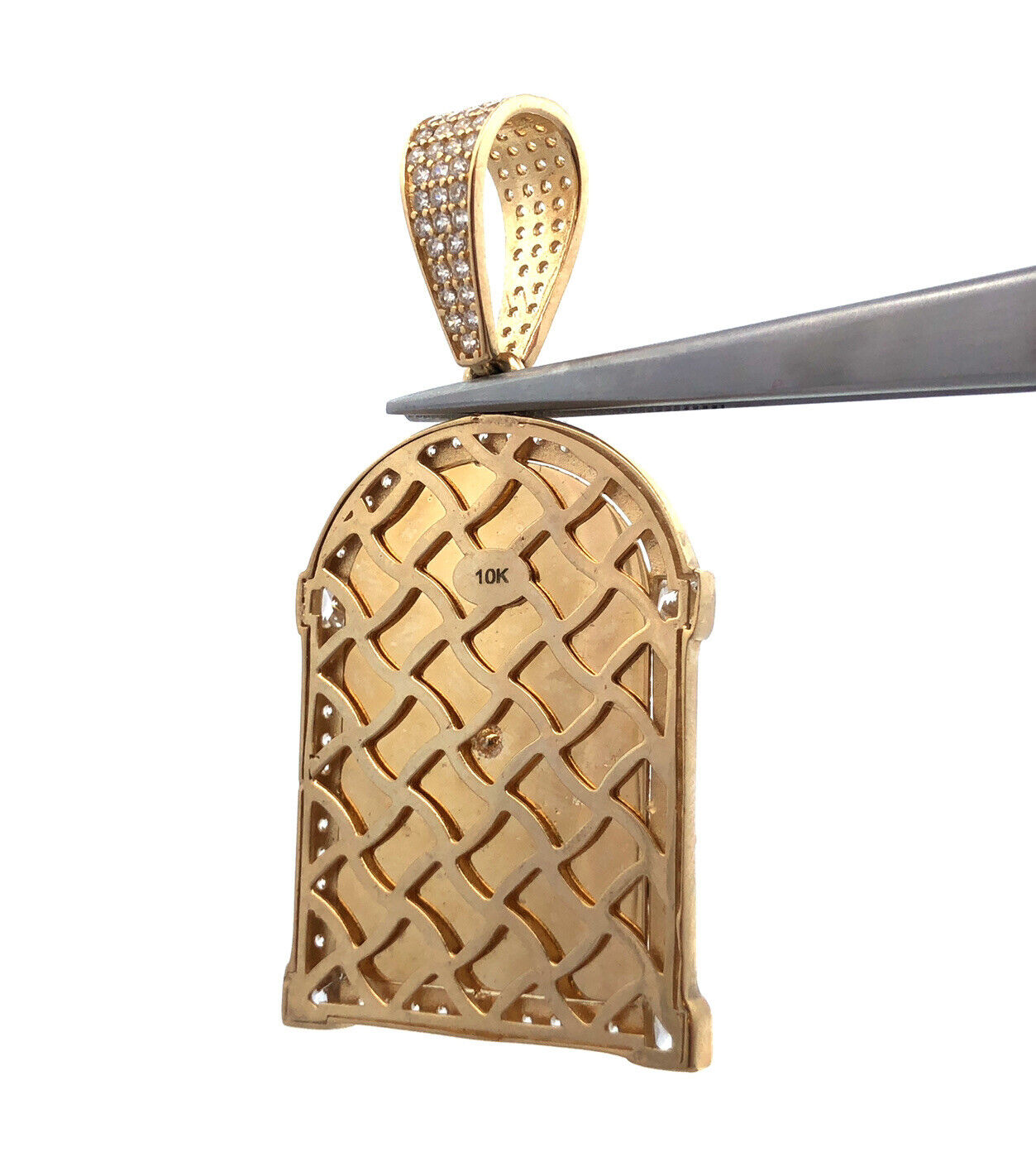 Custom 10K Yellow Gold Cut Cubic Zirconia Madonna Religious Statement Pendant