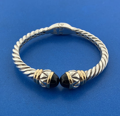 Designer Lorenzo 925 Sterling Silver 18K Gold Black Onyx Hinged Cuff Bracelet