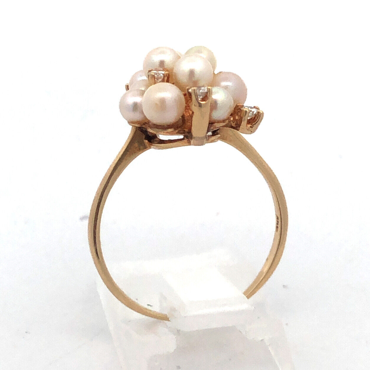 Vintage 14K Yellow Gold Pearl Diamond Cluster Ring