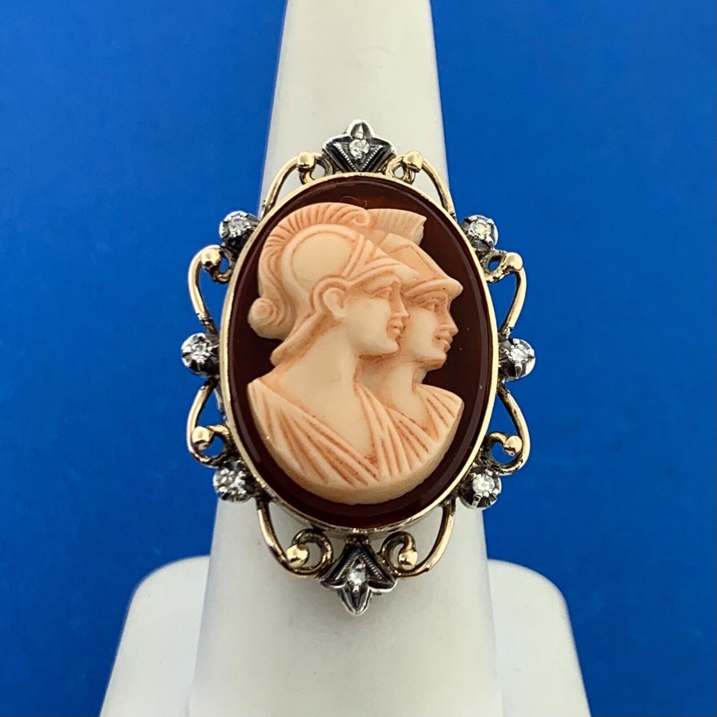 Vintage 14K Yellow Gold Double Carved Soldier Cameo Diamond Accent Etruscan Ring
