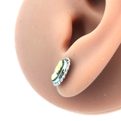 Designer CARLA 925 Sterling Silver Oval Grey Cameo Stud Earrings