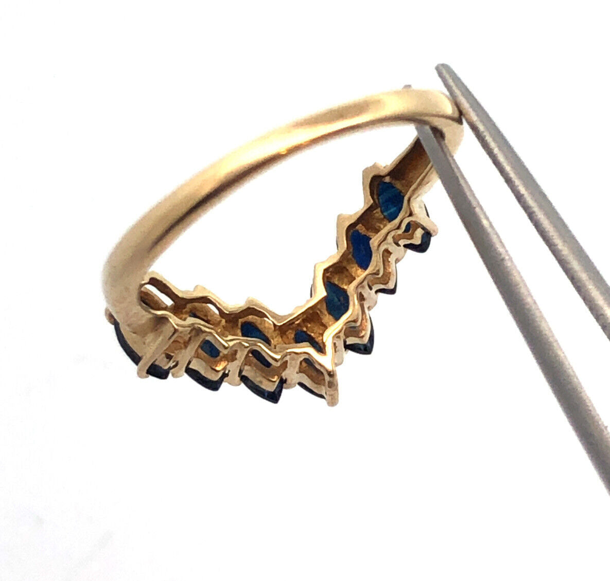 Designer 10K Yellow Gold Marquise Blue Sapphire V Shaped Anniversary Band Ring