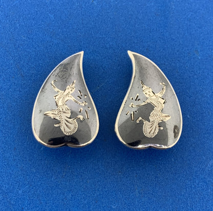 Vintage Siam Sterling Silver Nielloware Goddess Manimekhala Clip Earrings