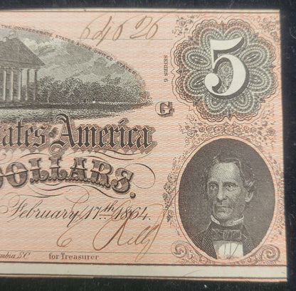 1864 $5 Richmond, VA Confederate States of America Rare Obsolete Bank Note