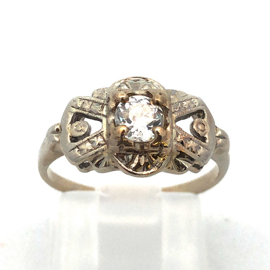 Art Deco 14K White Gold Diamond European Mine Cut Engagement Bridal Ring