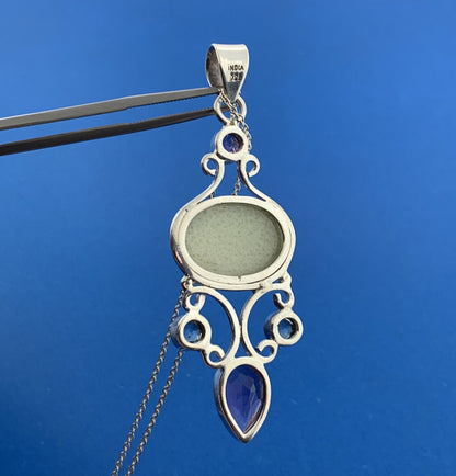 Sterling Silver 925 Amethyst Blue Topaz Drusy Quartz Statement Pendant Necklace