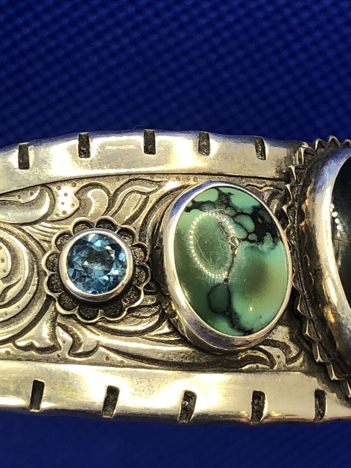 Sterling Silver Multi Stone Life is Good Scroll Design Wavy Open Cuff Bracelet